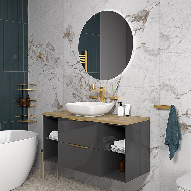 Sonix Grey 1200 Wall Hung 2 Drawer Vanity Sink Unit with Oak Countertop