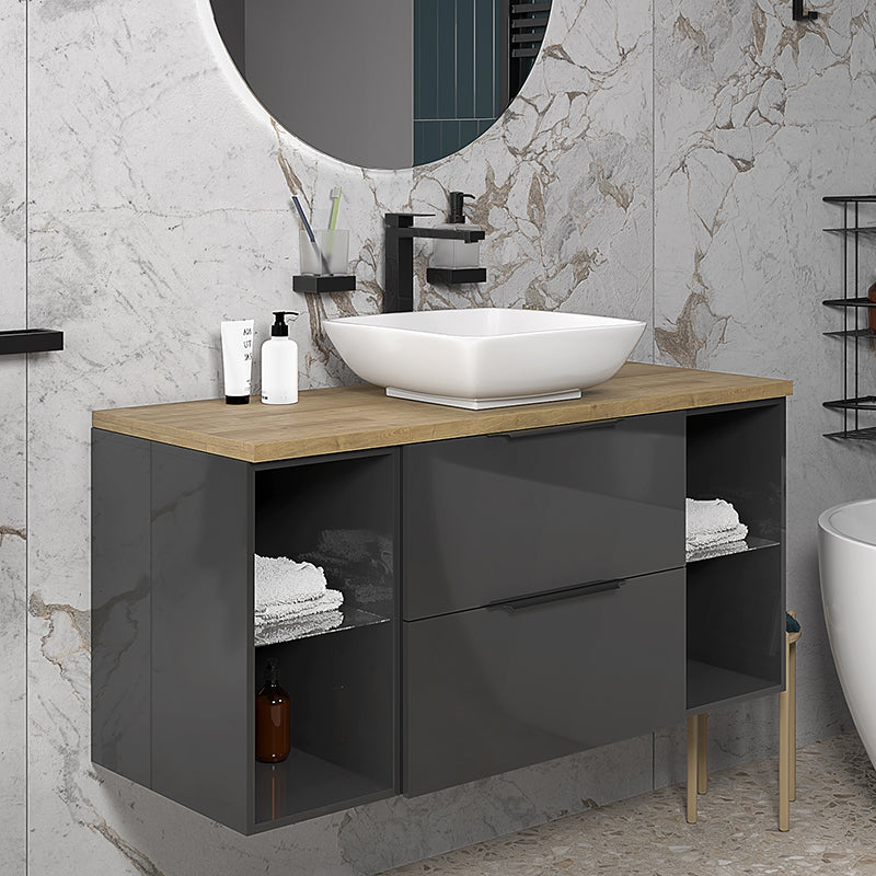 Sonix Grey 1200 Wall Hung 2 Drawer Vanity Sink Unit with Oak Countertop