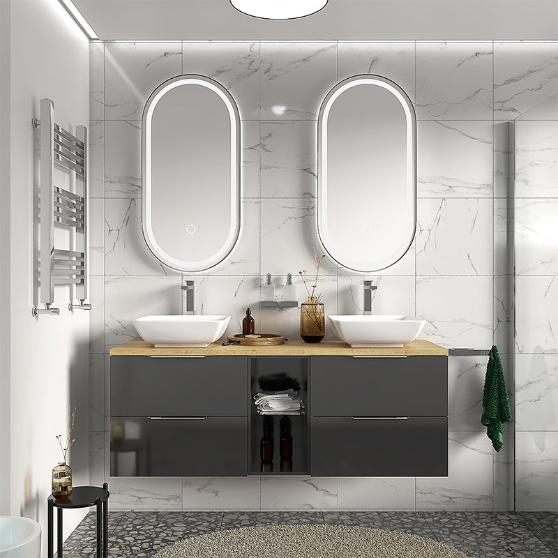 Sonix Grey 1500 Oak Top Double Wall Hung Vanity Storage Unit with Countertop Sinks
