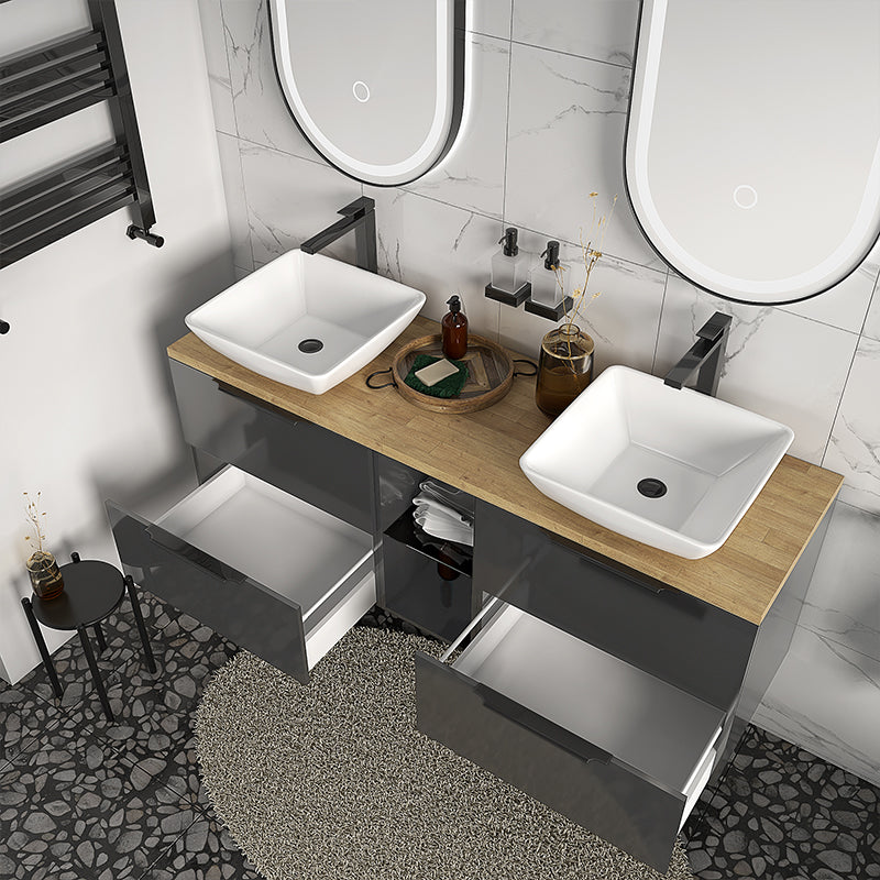 Sonix Grey 1500 Oak Top Double Wall Hung Vanity Storage Unit with Countertop Sinks