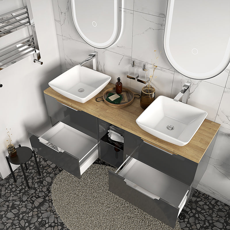Sonix Grey 1500 Oak Top Double Wall Hung Vanity Storage Unit with Countertop Sinks