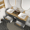 Sonix Grey 1500 Oak Top Double Wall Hung Vanity Storage Unit with Countertop Sinks