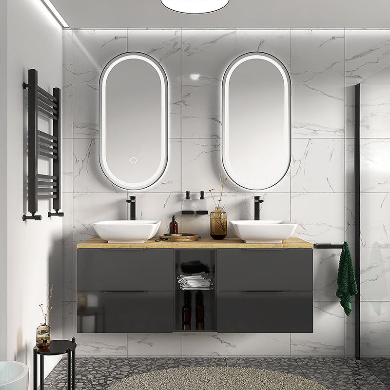 Sonix Grey 1500 Oak Top Double Wall Hung Vanity Storage Unit with Countertop Sinks