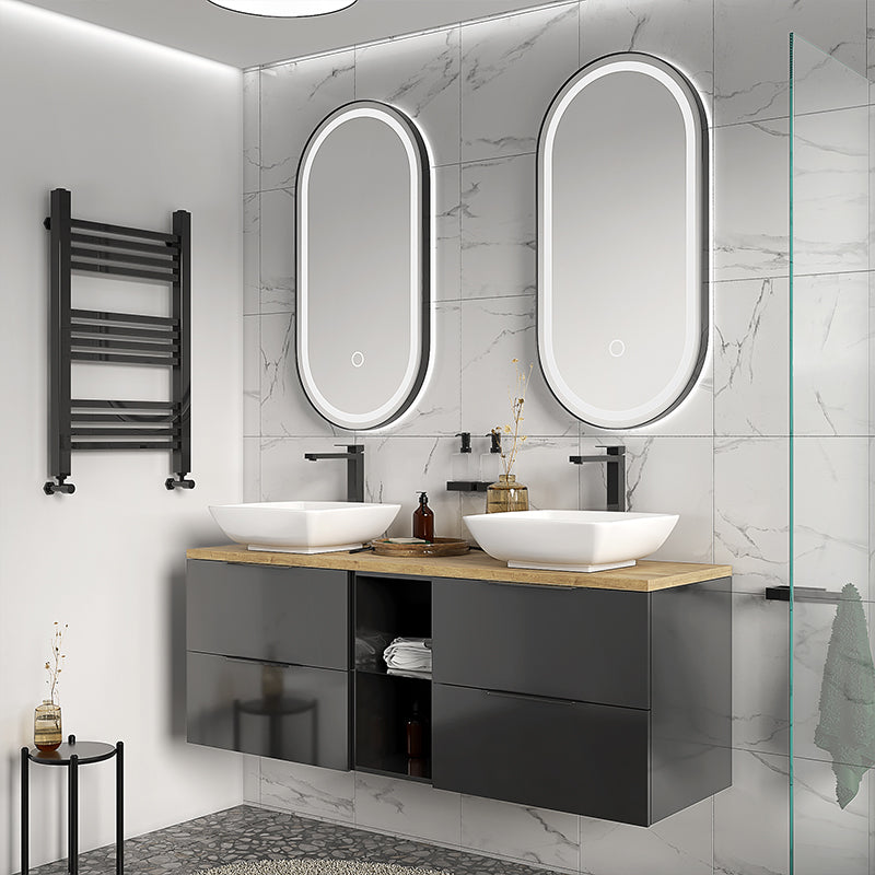 Sonix Grey 1500 Oak Top Double Wall Hung Vanity Storage Unit with Countertop Sinks