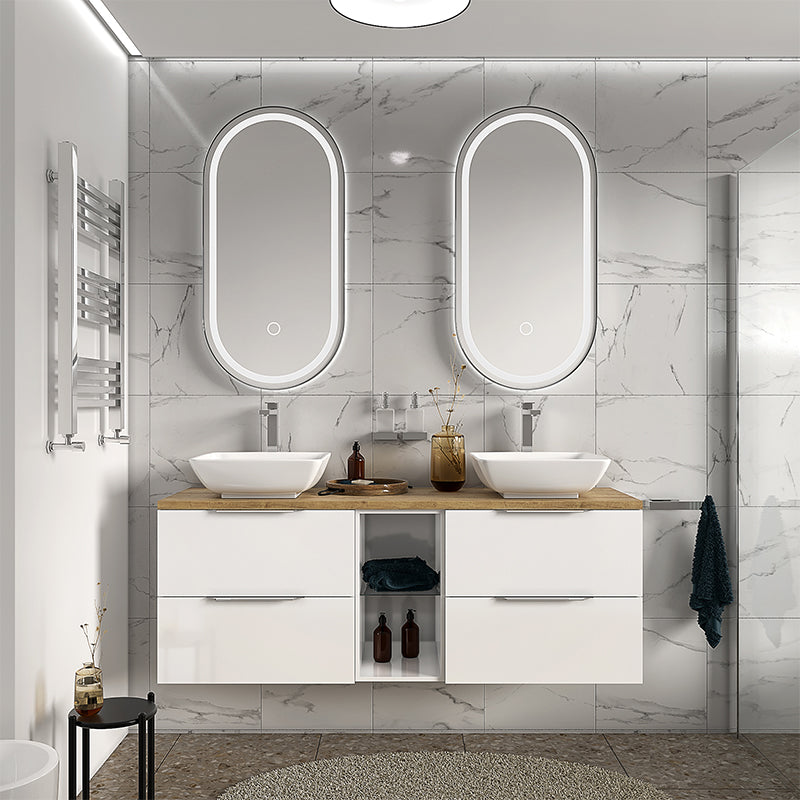 Sonix White 1500 Double Vanity Unit with Solid Oak Worktop