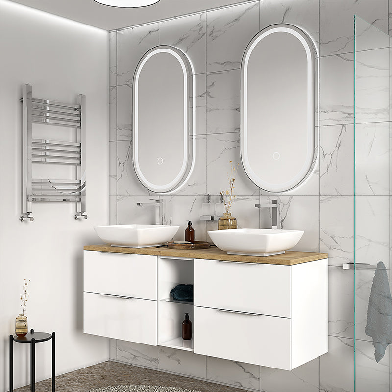 Sonix White 1500 Double Vanity Unit with Solid Oak Worktop