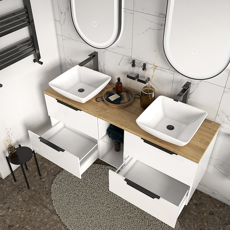 Sonix White 1500 Double Vanity Unit with Solid Oak Worktop