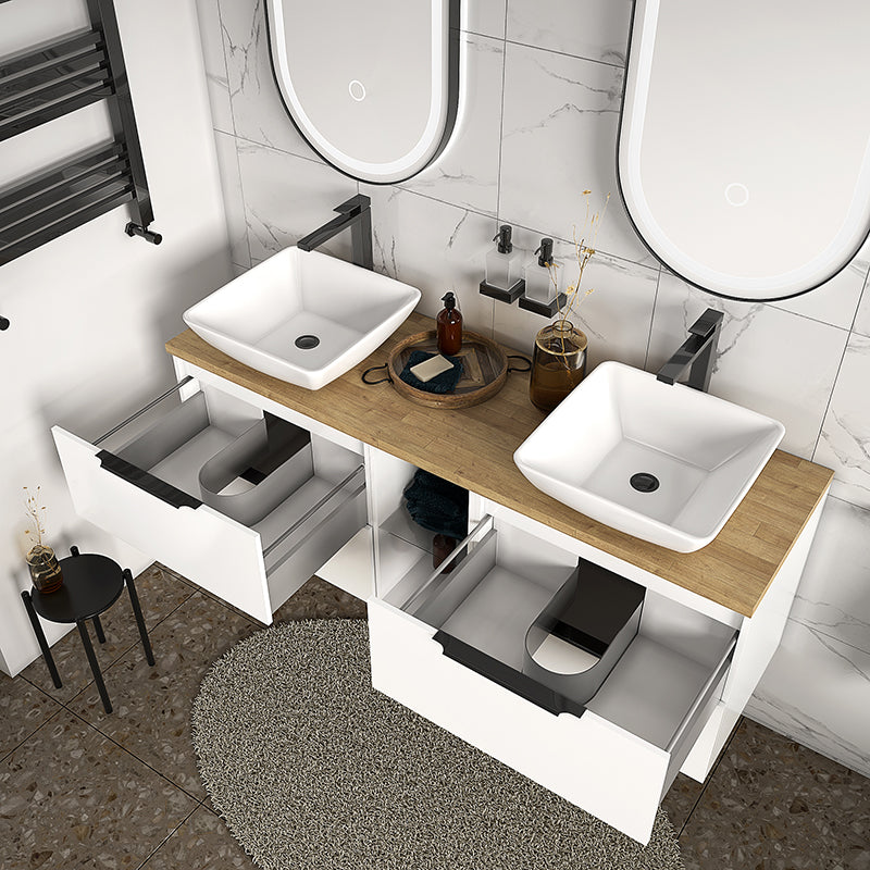 Sonix White 1500 Double Vanity Unit with Solid Oak Worktop