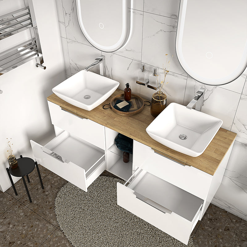 Sonix White 1500 Double Vanity Unit with Solid Oak Worktop