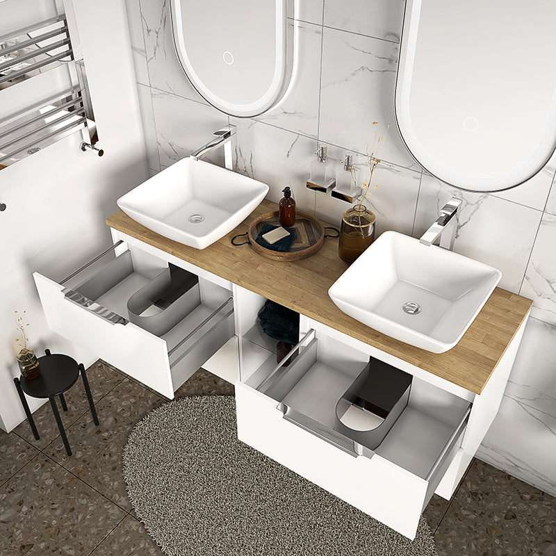 Sonix White 1500 Double Vanity Unit with Solid Oak Worktop