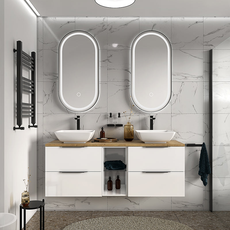 Sonix White 1500 Double Vanity Unit with Solid Oak Worktop
