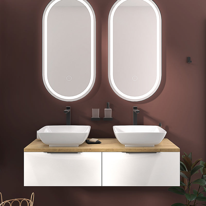 Jivana White 1200mm Wall Hung Vanity Double Sink Unit with Oak Countertop
