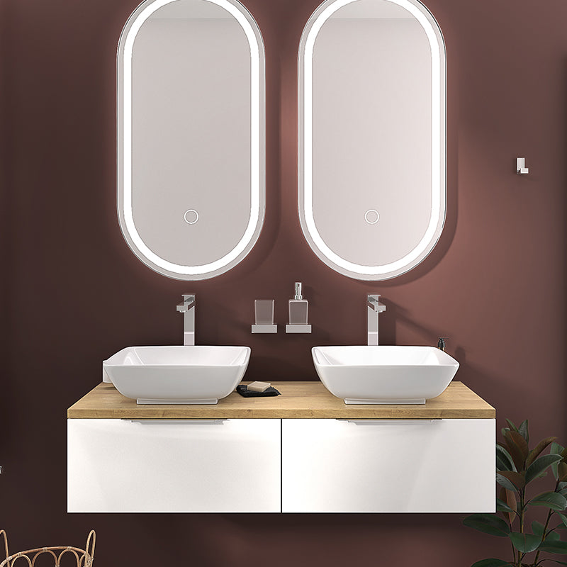Jivana White 1200mm Wall Hung Vanity Double Sink Unit with Oak Countertop