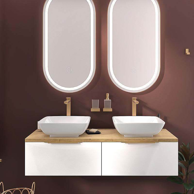 Jivana White 1200mm Wall Hung Vanity Double Sink Unit with Oak Countertop