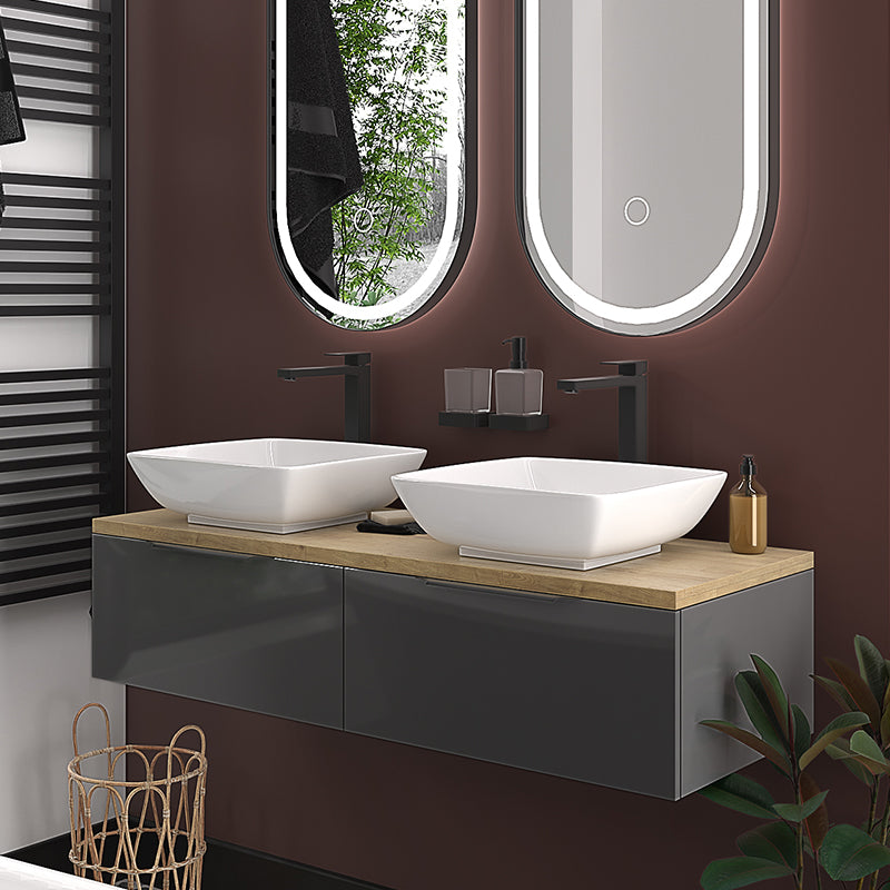 Jivana Grey 1200mm Wall Hung Vanity Double Sink Unit with Oak Countertop