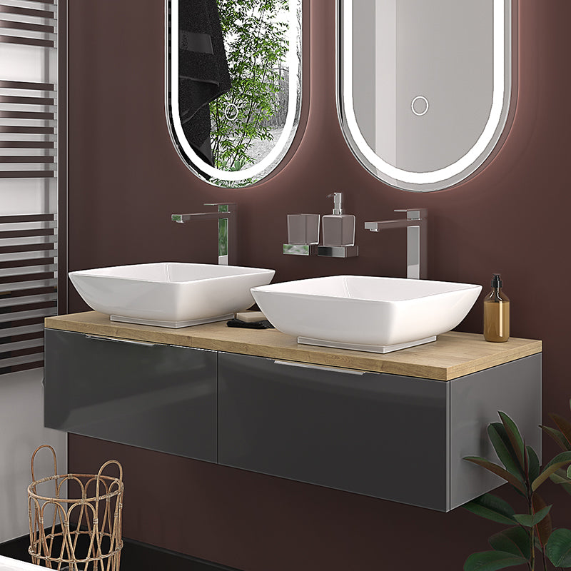 Jivana Grey 1200mm Wall Hung Vanity Double Sink Unit with Oak Countertop