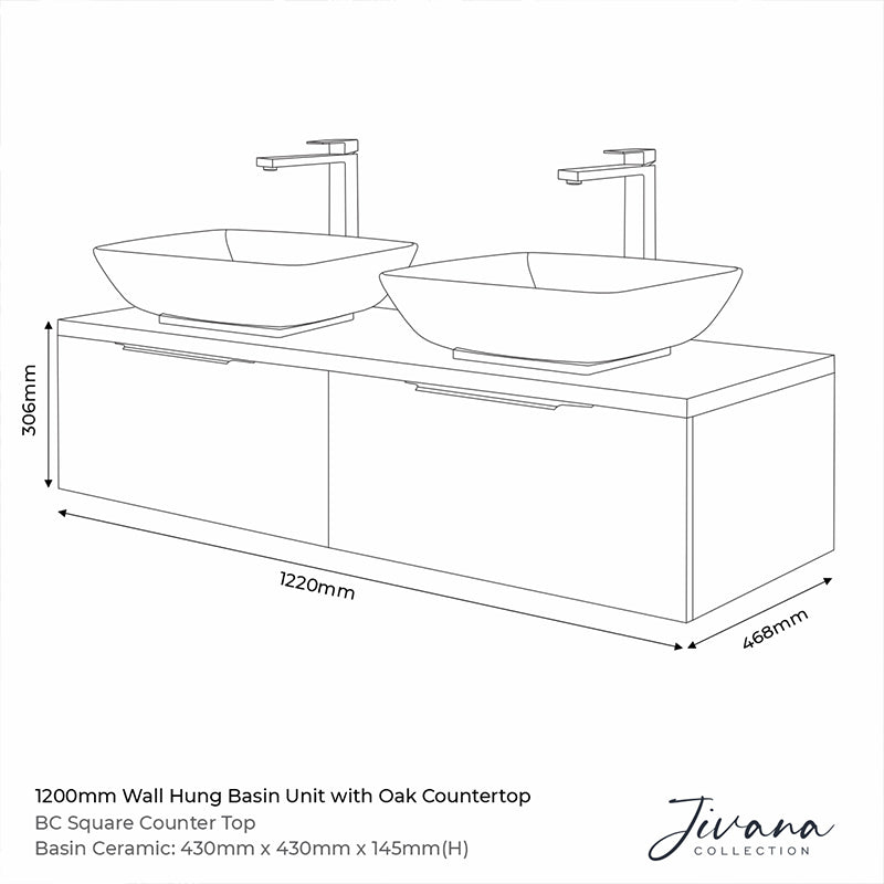 Jivana Grey 1200mm Wall Hung Vanity Double Sink Unit with Oak Countertop