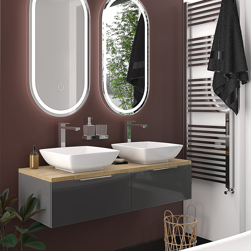 Jivana Grey 1200mm Wall Hung Vanity Double Sink Unit with Oak Countertop