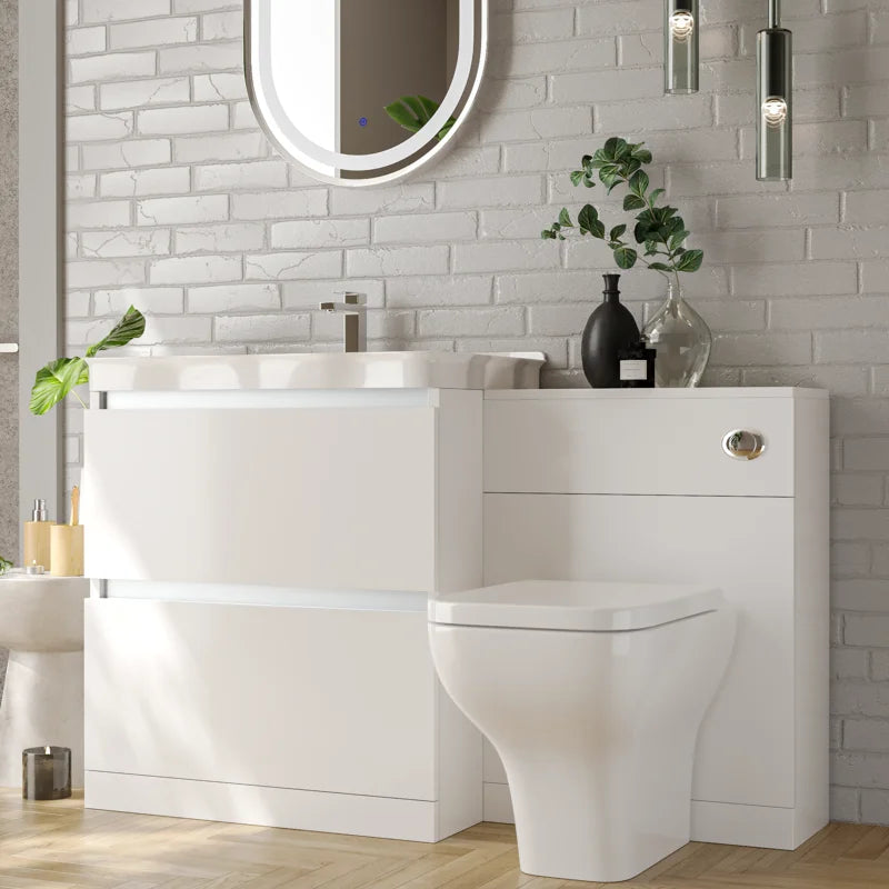 Ashford 800 White Cloakroom Suite: Vanity Unit, WC Unit & Toilet, Deep Basin, 2 Drawer, Handleless