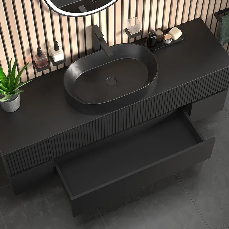 Linnea 1600mm Black Wall Hung Vanity Unit with Side Units and Black Basin