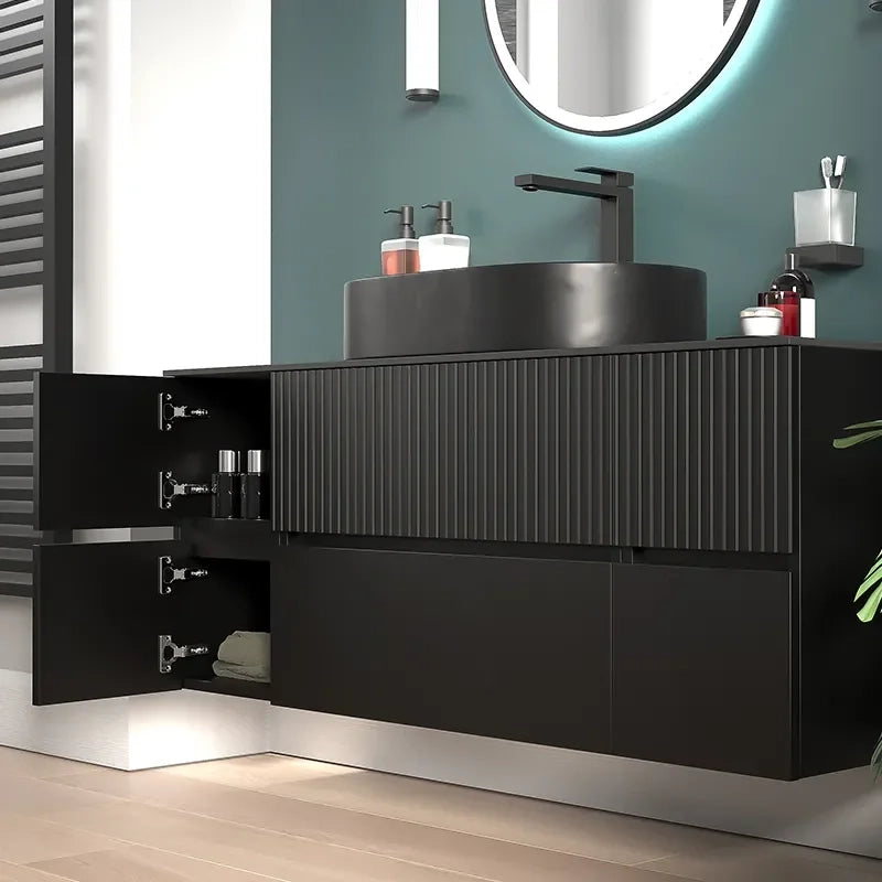 Linnea 1300mm Black Wall Hung Vanity Unit with Side Units and Black Basin