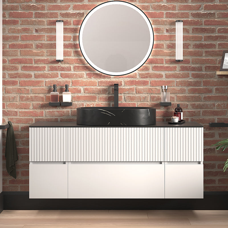 Linnea 1300mm White Wall Hung Vanity Unit with Side Units and Black Countertop Basin
