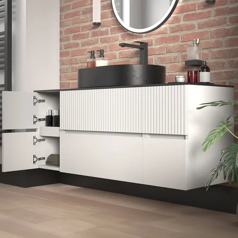 Linnea 1300mm White Wall Hung Vanity Unit with Side Units and Black Countertop Basin