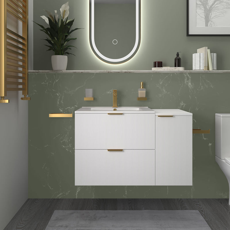 Sonix White 900mm Wall Hung Fluted Vanity Unit with Side Storage
