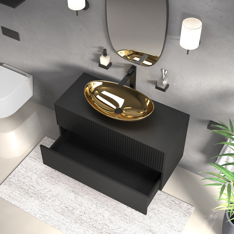 Linnea 1000mm Black Wall Hung Vanity Unit with Countertop Gold Sink