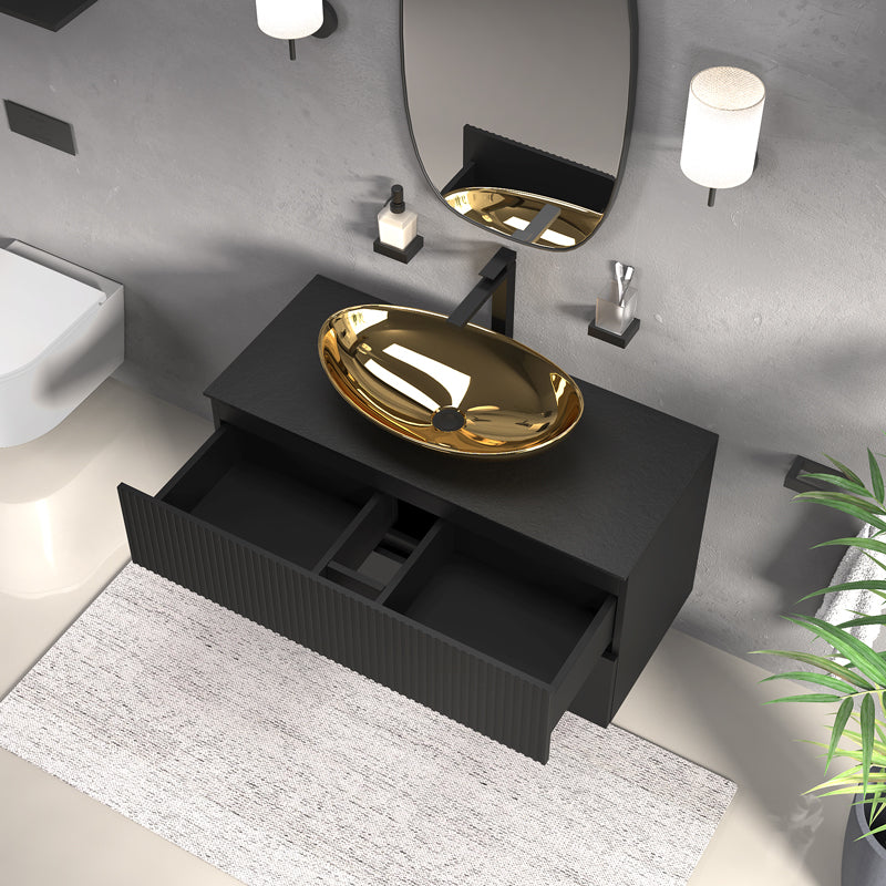 Linnea 1000mm Black Wall Hung Vanity Unit with Countertop Gold Sink