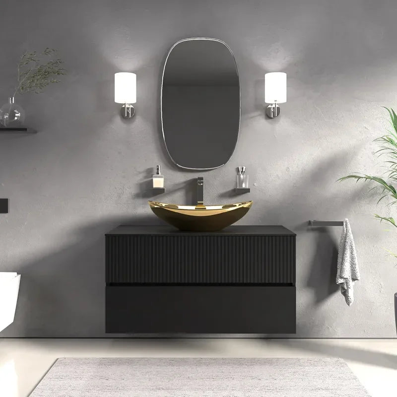 Linnea 1000mm Black Wall Hung Vanity Unit with Countertop Gold Sink
