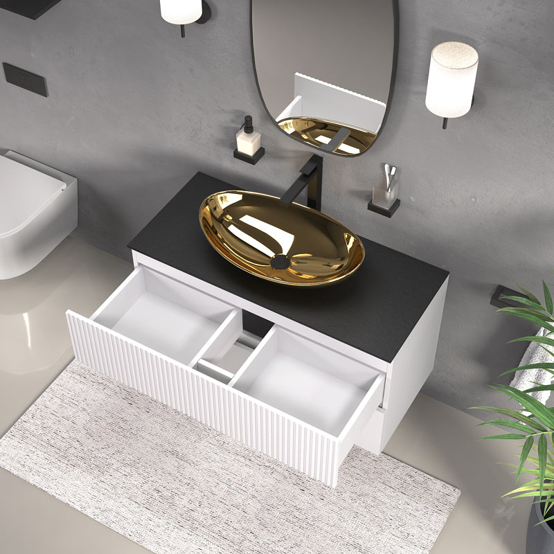 Linnea 1000mm White Wall Hung Vanity Unit with Gold Sink and Black Worktop