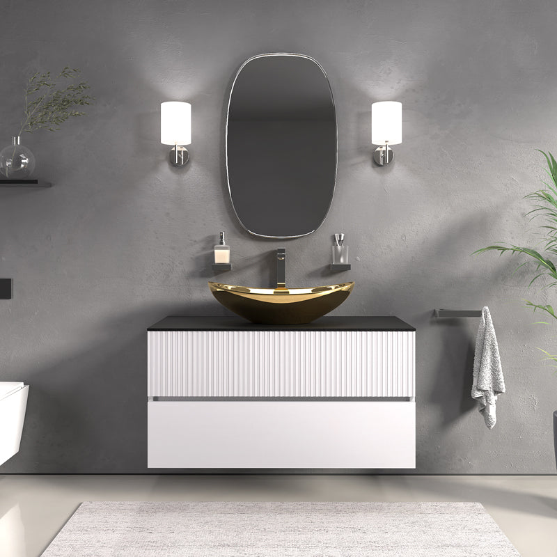 Linnea 1000mm White Wall Hung Vanity Unit with Gold Sink and Black Worktop
