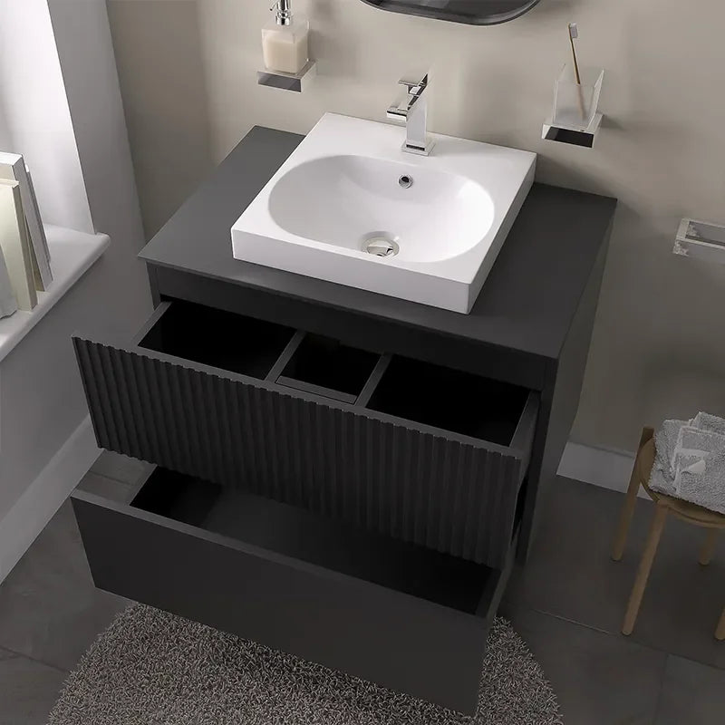 Linnea 700mm Black Wall Hung Vanity Unit with White Square Basin