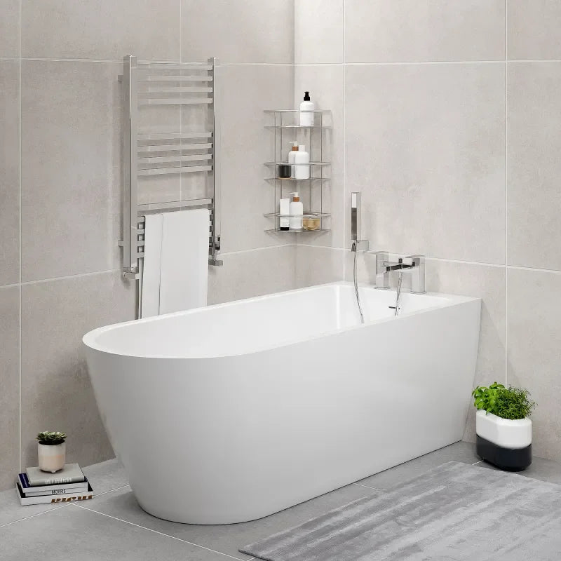 Granada back-to-wall bath 1630 x 700mm in white, mounted on floor design with clean wall-fitted styling