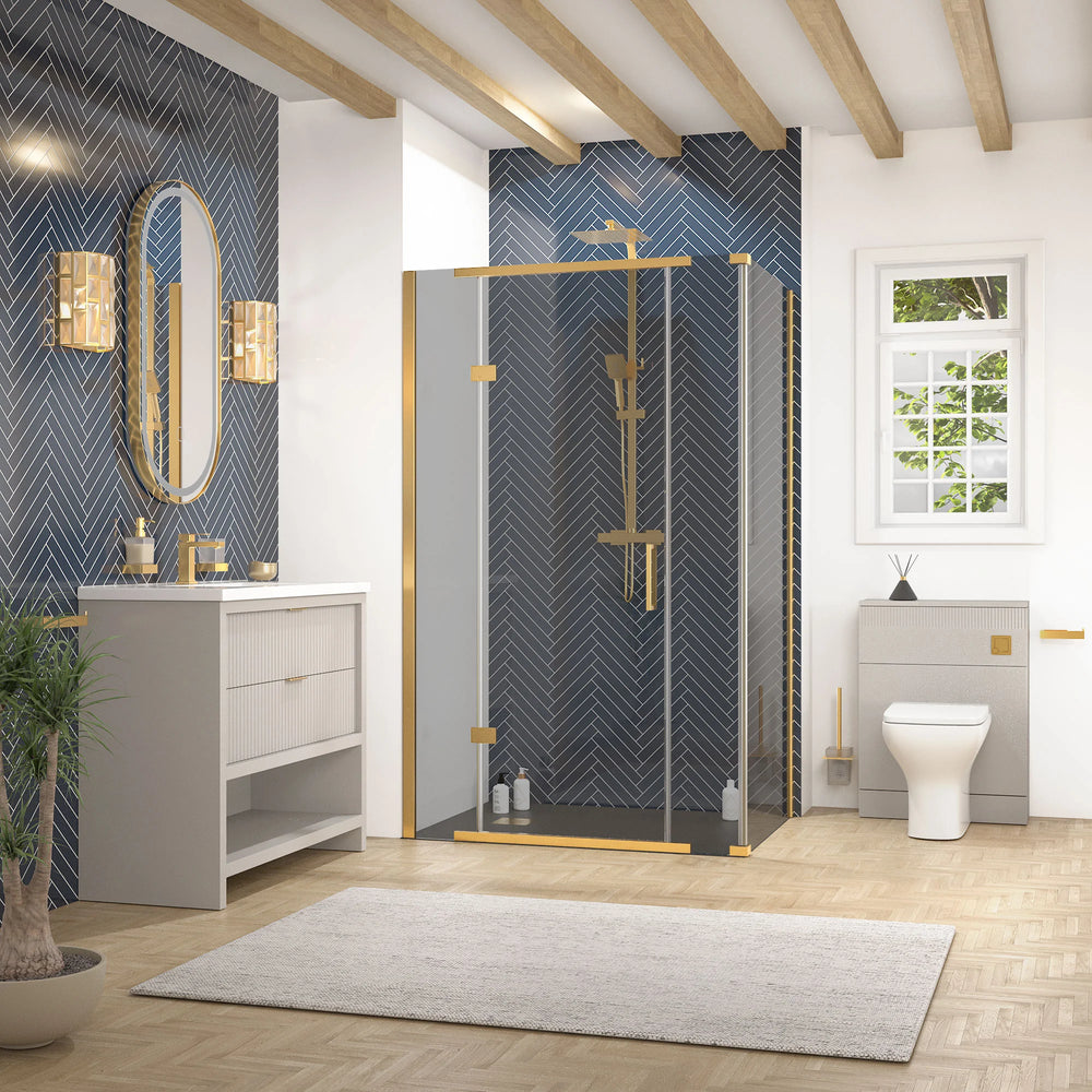 Linnea Cashmere 1000mm Vanity Unit, BTW Toilet Unit and 1200mm Corner Shower Enclosure Suite | Clear or Smoked Glass | Gold Hardware