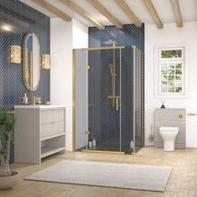Linnea Cashmere 1000mm Vanity Unit, BTW Toilet Unit and 1200mm Corner Shower Enclosure Suite | Clear or Smoked Glass | Gold Hardware