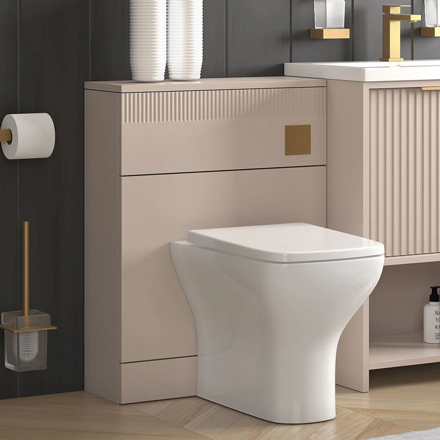 Linnea Cashmere 1000mm Vanity Unit, BTW Toilet Unit and 1200mm Corner Shower Enclosure Suite | Clear or Smoked Glass | Gold Hardware