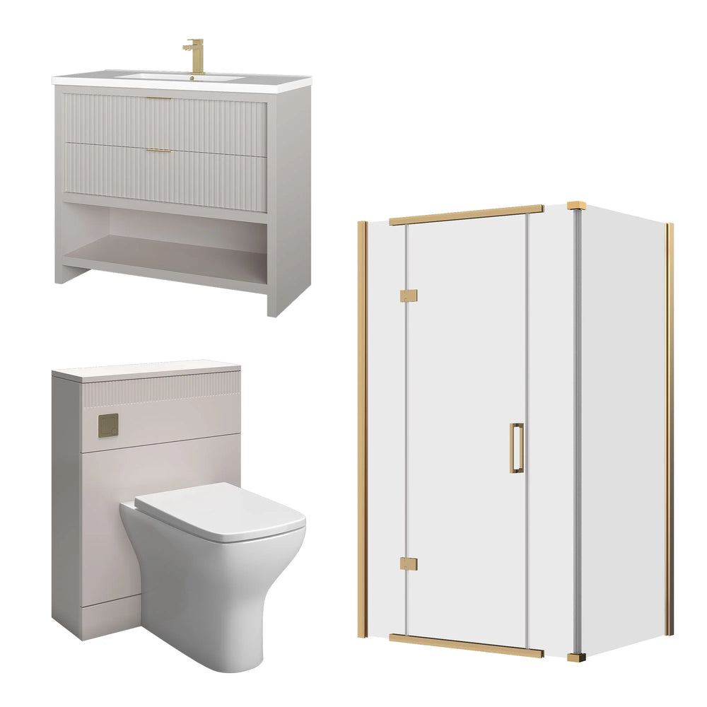 Linnea Cashmere 1000mm Vanity Unit, BTW Toilet Unit and 1200mm Corner Shower Enclosure Suite | Clear or Smoked Glass | Gold Hardware