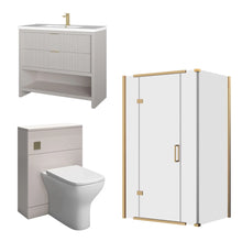Linnea Cashmere 1000mm Vanity Unit, BTW Toilet Unit and 1200mm Corner Shower Enclosure Suite | Clear or Smoked Glass | Gold Hardware