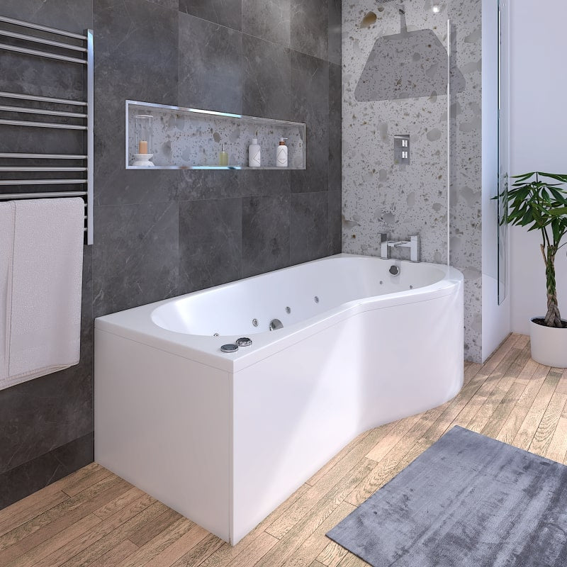 1700mm P Shape 8 or 14 Jet Whirlpool Shower Bath