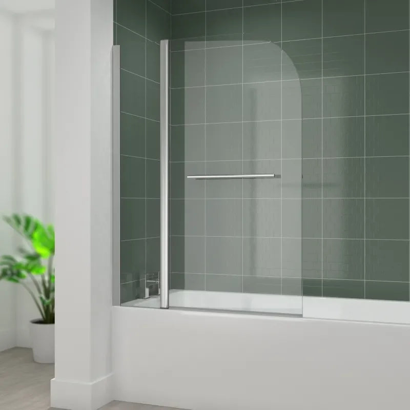 Radiant D-shaped bath screen with inline panel and rail, 1400 x 300 x 700mm, curved glass with chrome frame