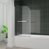 Radiant D-shaped bath screen with rail, 1400 x 800 x 6mm, curved glass with towel rail for over-bath showers