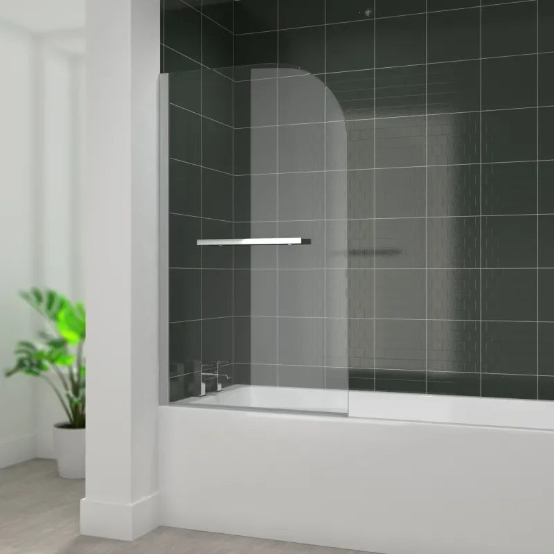 Radiant D-shaped bath screen with rail, 1400 x 800 x 6mm, curved glass with towel rail for over-bath showers