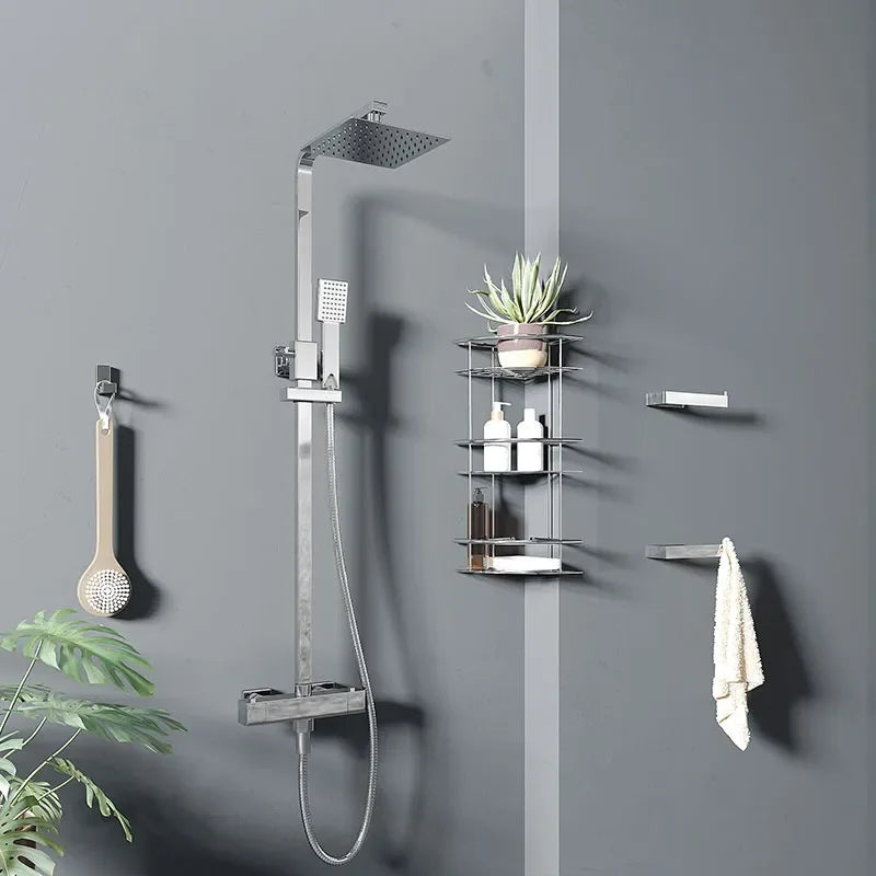 Stark cube deluxe exposed valve and riser kit in chrome, complete square-profile shower with rainfall head