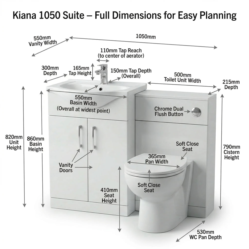 Kiana 1050mm Combination Vanity Unit & BTW Toilet Complete Suite