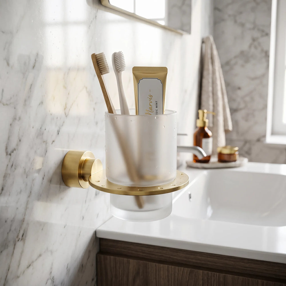 Tumbler and Holder Round Brushed Brass Arrow