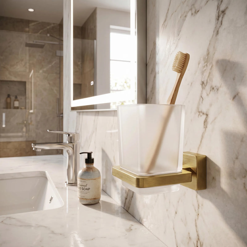 Tumbler and Holder Square Brushed Brass Lima