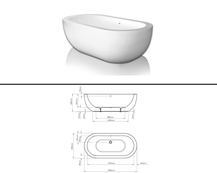 Ovali 1805 x 850 Freestanding Bath (Waste Included) White