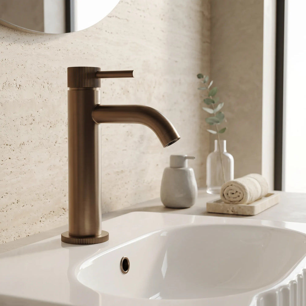 Fluted Brushed Bronze Cold Start Mono Basin Mixer inc. Waste